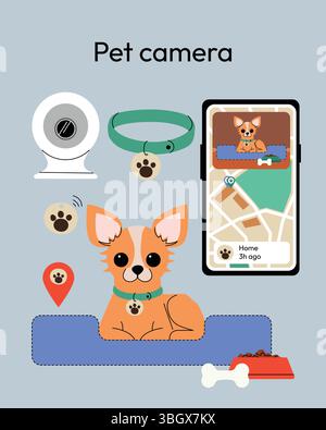 Sistema di telecamere per animali domestici con chihuahua che riposa in un letto per animali domestici, uno smartphone che mostra un alimento per animali dal vivo, un collare intelligente e una telecamera di sorveglianza. Il Illustrazione Vettoriale