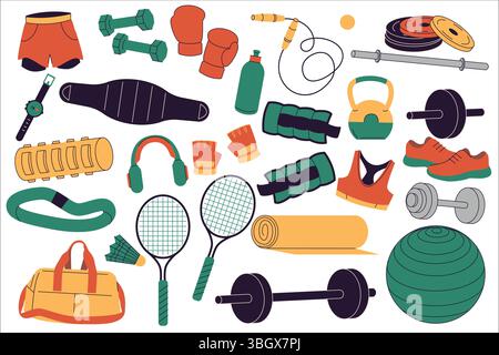 Illustrazione colorata di attrezzature per il fitness e lo sport, tra cui manubri, racchette, guanti da boxe, scarpe, tappetino da yoga, borsa da palestra e molto altro ancora. Ideale per la salute Illustrazione Vettoriale