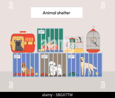 Illustrazione di un ricovero per animali con vari animali domestici, tra cui gatti, cani, porcellino d'India e un uccello in gabbie e portatori. Concetto per l'adozione di animali domestici Illustrazione Vettoriale
