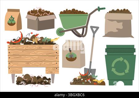 Riciclare i rifiuti organici. Tema di compostaggio organico. Utensili da giardino, sacchetto di compost, macinato, spazzatura di cibo. fertilizzante organico, contenitore e contenitore per compost Illustrazione Vettoriale