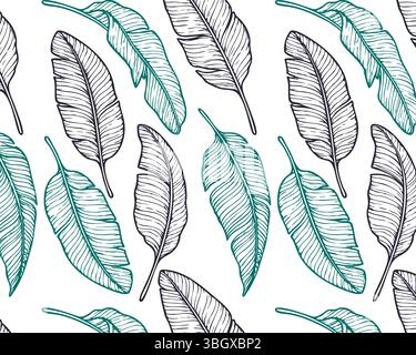 Motivo senza cuciture con foglie di banana trafilate a mano con contorno verde acqua e nero su sfondo bianco. Design botanico vintage tropicale perfetto per il tessuto Illustrazione Vettoriale