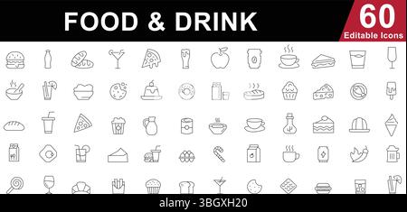 Set icone linea cibo e bevande. Ristorante, caffetteria, bevande e simboli dei pasti. Icone delle linee vettoriali modificabili Illustrazione Vettoriale