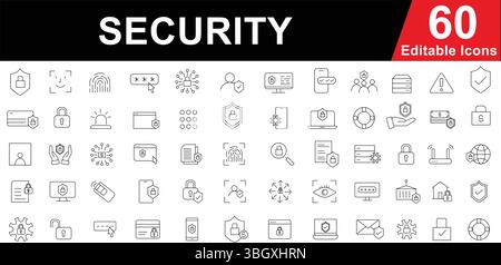 Set di icone della linea di sicurezza - simboli Cyber, dati, Privacy, rete e protezione Illustrazione Vettoriale