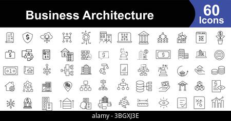 Set icone linea architettura aziendale - struttura, strategia, Finanza e simboli aziendali Illustrazione Vettoriale