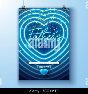 Design di un biglietto di auguri per la festa del papà con luce al neon brillante e caratteri tipografici su sfondo in mattoni d'epoca blu. Celebrazione vettoriale Illustrazione Vettoriale