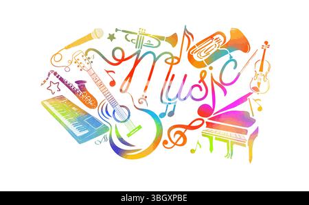 Musica astratta colorata. Molti strumenti musicali. disegnato a mano. Non ai, illustrazione vettoriale Illustrazione Vettoriale