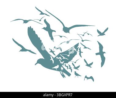 Silhouette blu Flying Birds su sfondo bianco. Illustrazione vettoriale. uccelli isolati che volano. design del tatuaggio. Illustrazione Vettoriale