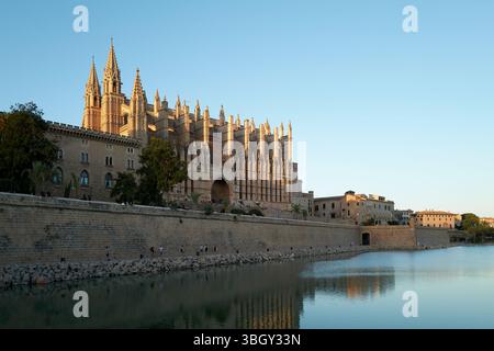 La Cattedrale di la Seu sorge sopra il lungomare di Palma, Maiorca, illuminata dalla luce dorata della sera. Riflessioni sulle acque calme dell'architettura gotica. Foto Stock