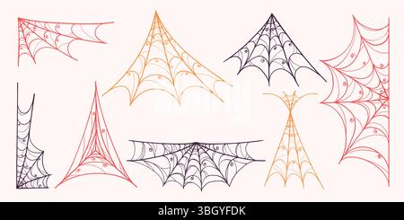 Spider Web Collection in stile disegnato a mano. Doodle aracnid web perfetto per biglietti, inviti a feste, web, moda, stampa Illustrazione Vettoriale