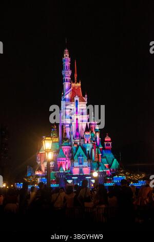 Vibrante e colorato Castello di Disneyland di notte a Hong Kong Foto Stock