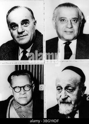 Testimonierà contro Eichmann. Ritratti appena ricevuti a Londra dei quattro testimoni che appariranno per l'accusa al processo a Gerusalemme di Adolf Eichmann. In alto da sinistra a destra, dottor Bedrick Steiner, signor Max Borger. In basso da sinistra a destra, Moshe Agami, nato a riga, in Lettonia, e Philip Pinhas Providiger. 22 febbraio 1961 Foto Stock