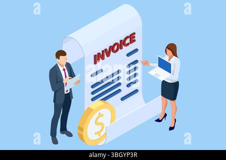 Concetto di pagamento delle fatture mobili isometriche.fatturazione, pagamento e transazioni commerciali online sicure Icon Coins dei servizi finanziari digitali per il settore bancario ed elettronico Illustrazione Vettoriale