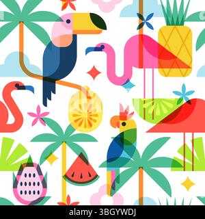Fantasia tropicale estiva senza cuciture. Design vettoriale piatto con fenicottero, palme, tucano, ananas e anguria. Perfetto per le stampe delle vacanze al mare, fashi Illustrazione Vettoriale