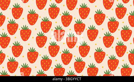Modello piatto senza cuciture con fragole vivaci e dettagli punteggiati. Un'immagine vivace e fruttata per articoli di cancelleria, abbigliamento, carta digitale o carta Illustrazione Vettoriale
