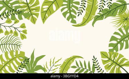 Cornice decorativa in foglia o poster con palmo e monstera in luminoso stile cartoni animati. Ideale per le vibrazioni estive, il marchio tropicale, le etichette dei prodotti naturali Illustrazione Vettoriale