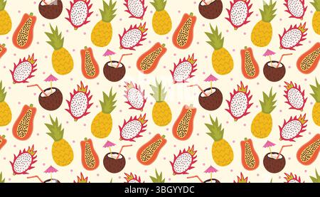 Colorato motivo di frutta estiva con bevande al cocco, ananas, papaya e frutta del drago. Divertente stile cartoni animati piatto, ideale per avvolgere la carta Illustrazione Vettoriale