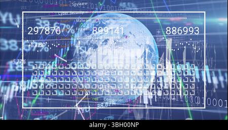 Immagine digitale dell'interfaccia con quadrati e numeri che si spostano sul globo rispetto ai codici di programmazione Foto Stock
