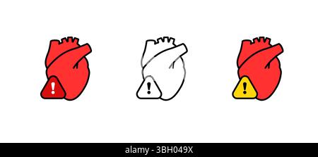 Cuore con simbolo di allarme in variazioni rosse e bianche che indicano il concetto di avvertenza Illustrazione Vettoriale