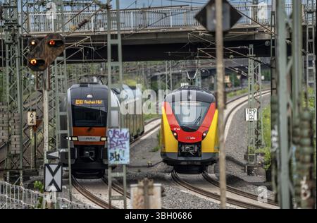 RE34, HLB Bahn, RE1, RRX, Rhein-Ruhr-Express, Regional Express, con National Express, treno sulla linea tra Bochum e Dortmund, a Dortmund-Marten Foto Stock
