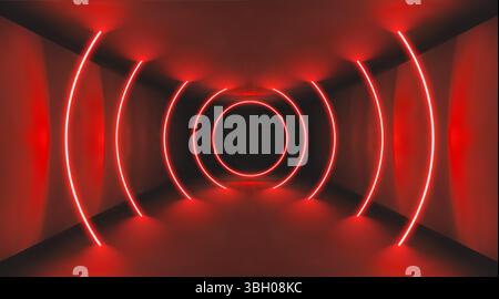 Sfondo rosso astratto del casinò con luce al neon e palcoscenico nero. Le linee laser concentriche a LED 3D illuminano il podio. Il design del tunnel dark tech mostra dinamicità Illustrazione Vettoriale
