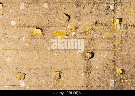 Fori di proiettile in un casemato della batteria Longues-sur-Mer (fortificazioni costiere del muro Atlantico tedesco) a Longues-sur-Mer (Calvados), in Francia Foto Stock