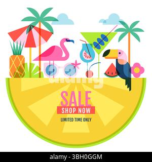 Design banner per saldi estivi. Illustrazione vettoriale di un paesaggio tropicale con palme, fenicottero, toucan, cocktail e ombrellone su un pezzo di limone. Dis Illustrazione Vettoriale