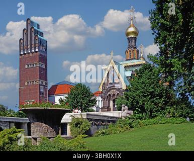 Mathildenhoehe, sito patrimonio dell'umanità dell'UNESCO, Torre per matrimoni, Cappella russa, Darmstadt, Assia, Germania, Europa Foto Stock