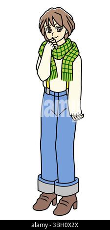 una giovane donna che indossa una sciarpa verde e jeans blu Foto Stock