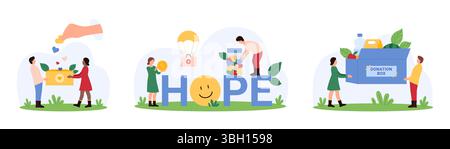 Sensibilizzazione, aiuto, solidarietà e sostegno alla generosa comunità. Piccoli volontari raccolgono cuori per donare scatole e barattoli al testo di Hope, donano cibo alle persone povere illustrazioni vettoriali dei cartoni animati Illustrazione Vettoriale