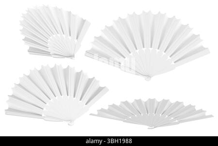 Set di ventole pieghevoli bianche vuote, per l'uso con mockup o modello. Rendering 3D isolato su sfondo bianco Foto Stock