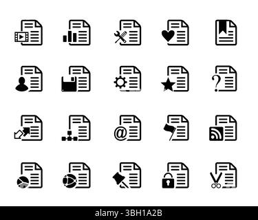 Set di icone vettoriali della pagina del documento. clip, grafico, impostazioni, cuore, segnalibro, persone, salvare, star, domanda, su-giù, struttura, id e-mail, flag, web, pin, Illustrazione Vettoriale