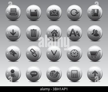 Bellissime icone Web su sfera 3d grigia. Le icone Web consentono di impostare il vettore delle icone vettoriali, Web e di comunicazione per computer Web e dispositivi mobili Illustrazione Vettoriale