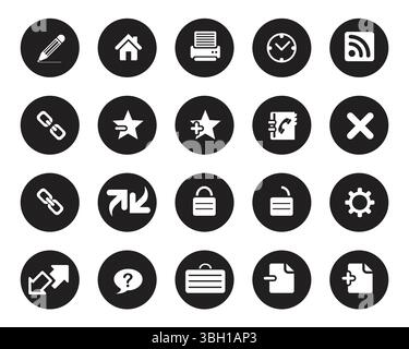 Semplici icone bianche sul cerchio nero. Web Icon Vector, Contattaci icone Vector per computer Web e dispositivi mobili Illustrazione Vettoriale