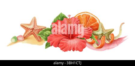 Ampia sistemazione estiva con fiori di ibisco e stelle marine. Disegno ad acquerello disegnato a mano con arancione e pennello. Elemento grafico Beach Vibe Foto Stock
