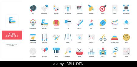 Collezione colorata di icone piatte che mostra varie attività per bambini, tra cui sport, giochi, arte e apprendimento, perfetta per l'istruzione, i siti Web o l'illustrazione vettoriale di progetti di design divertenti Illustrazione Vettoriale
