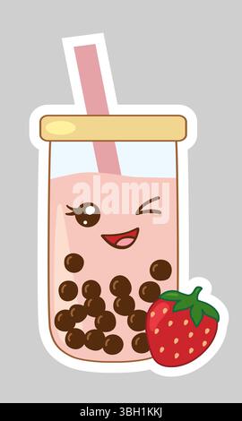 Adesivo con bicchiere di tè alla fragola in stile kawaii con perle di boba e paglia, illustrazione vettoriale Illustrazione Vettoriale
