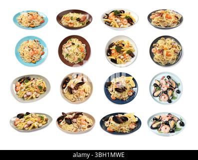 Piatti gustosi con frutti di mare isolati sul bianco, collage. Vista dall'alto e laterale Foto Stock