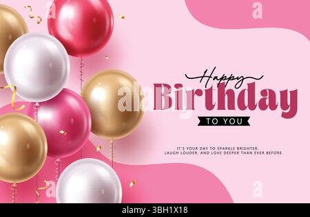 Elegante saluto di compleanno con palloncini metallizzati bianchi, rossi e dorati e illustrazione vettoriale a coriandoli. Illustrazione Vettoriale