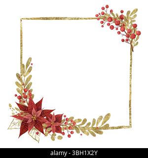 Una cornice quadrata dorata con una composizione floreale: Un fiore di Natale rosso, bacche agrifoglio e ramoscelli di piante dorate. Un'illustrazione digitale fatta a mano Foto Stock