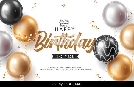Elegante carta Clipart di compleanno con palloncini galleggianti e nastri d'oro festivi Illustrazione Vettoriale