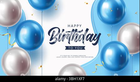 Elegante saluto di compleanno con palloncini metallizzati e illustrazione vettoriale a coriandoli. Illustrazione Vettoriale