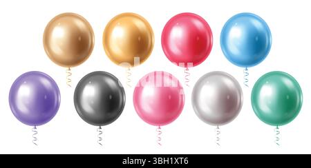 Gruppo clipart elementi 3d bollature. Clipart dei palloncini colorati e lucidi, isolati su sfondo bianco. Illustrazione Vettoriale