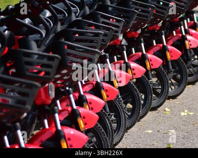 Fila di scooter elettrici rossi a noleggio parcheggiati ordinatamente sul ciglio della strada. Trasporto urbano sostenibile, micromobilità e spostamenti urbani moderni con eco-frie Foto Stock