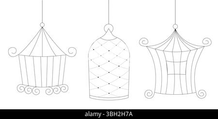 Set di bozzetti di gabbie per uccelli in una collezione vettoriale disegnata a mano di gabbie metalliche per tenere gli uccelli a casa di diverse dimensioni isolate Illustrazione Vettoriale