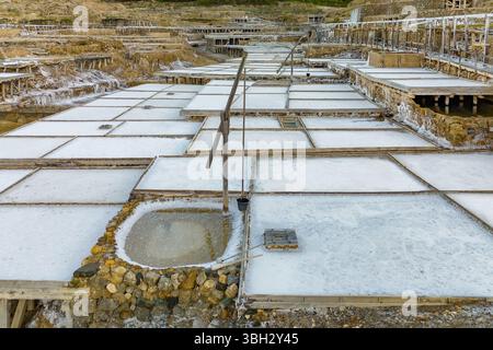 Vista aerea della Valle dell'Anana con antiche terrazze saline, Paesi Baschi, Spagna Foto Stock