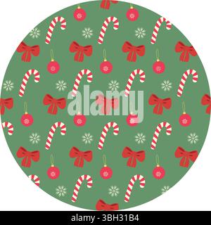Fiocco con fiocco legato colorato Candy cane fiocchi di neve e giocattolo natalizio motivo senza cuciture sullo sfondo circolare. Sfondo o opuscoli promozionali, banner, cartellino di auguri con illustrazione vettoriale isolata Illustrazione Vettoriale