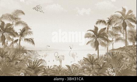 Decorazioni in stile tropicale invecchiato: Marrone sbiadito Palm Forest & Water Art Print Foto Stock