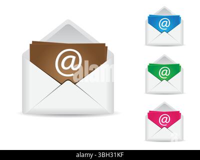 Set di icone della busta di posta in stile 3D. mockup buste distese. Posta ed e-mail. Immagine vettoriale del messaggio e-mail su sfondo bianco isolato Illustrazione Vettoriale