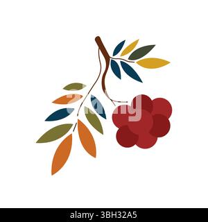 Ramo di rowan stilizzato con foglie autunnali brillanti e bacche rosse. Le foglie di Rowan sono blu, arancione, verde e giallo. Illustrazione vettoriale in stile piatto. Illustrazione Vettoriale
