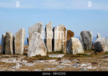 i deirbhiles intrecciano pietre in piedi scultura parte del percorso di scultura mayo nord una contea di falmore mayo repubblica d'irlanda Foto Stock